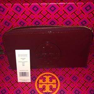 Tory Burch stacked patent wallet Imperial Garnet
